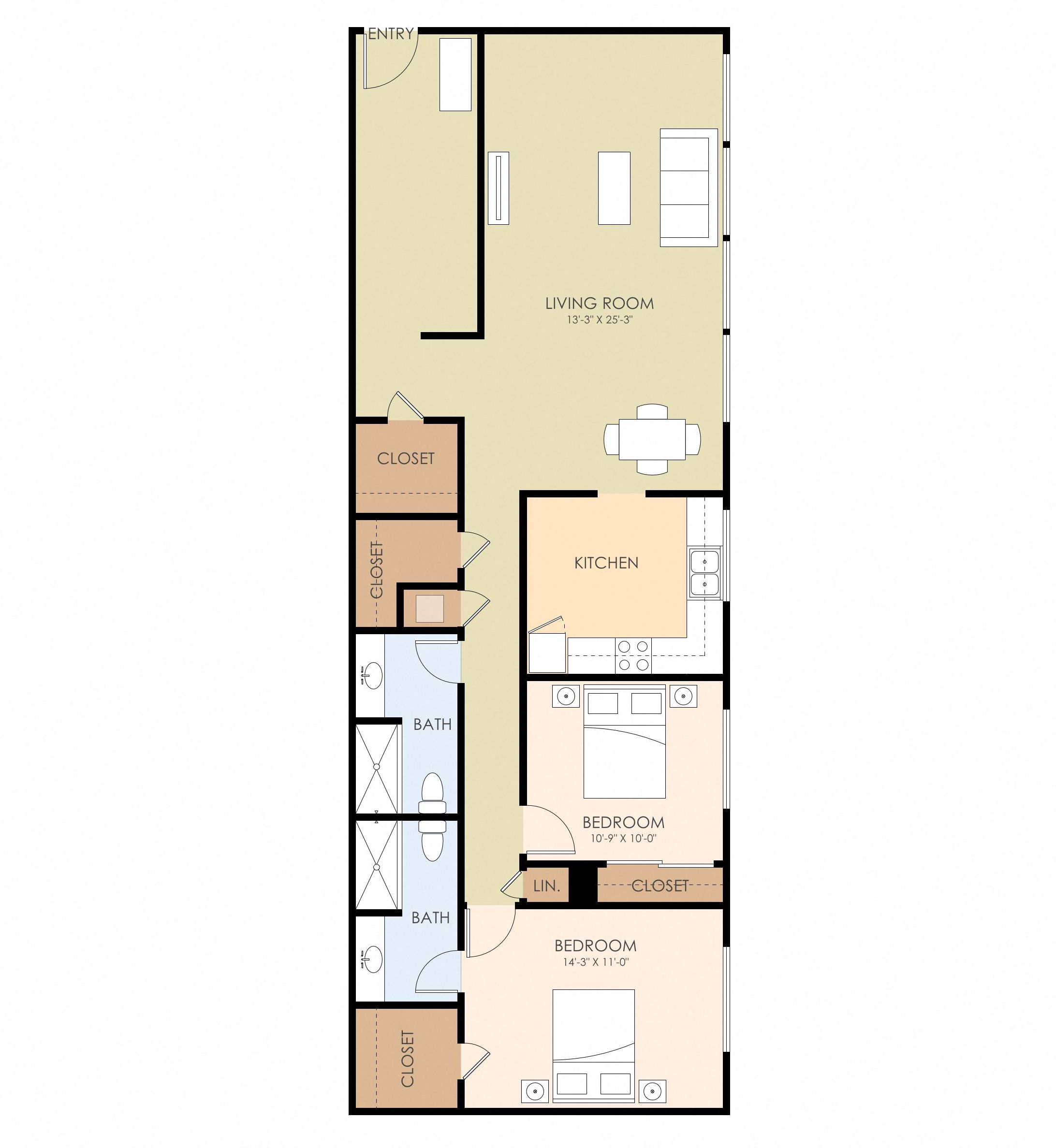 Floor plan for 2 beds, 2 baths, 1104 sqft
